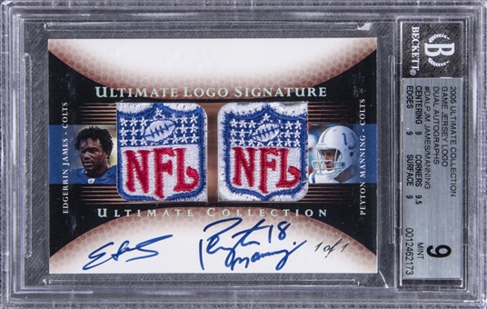 2005 Upper Deck "Ultimate Collection" Game Jersey Logo Dual Autographs #DALPJM Edgerrin James/Peyton Manning Signed NFL Shield Game Worn Patch Card (#1/1) - BGS MINT 9/BGS 10